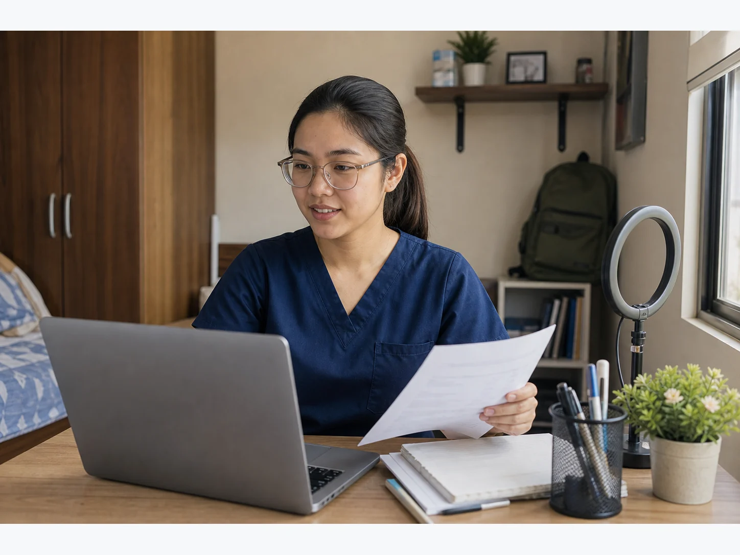 Filipina healthcare applicant in navy scrubs applying for remote healthcare support from a private bedroom study workspace.