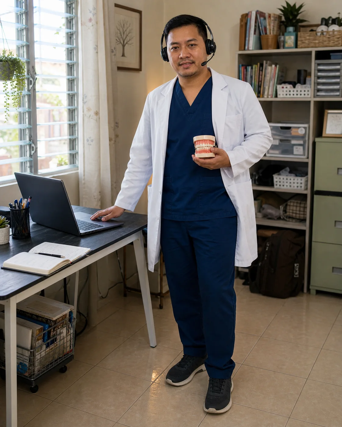 Filipino licensed dentist virtual assistant in dental coat standing beside a home workspace with a dental model.