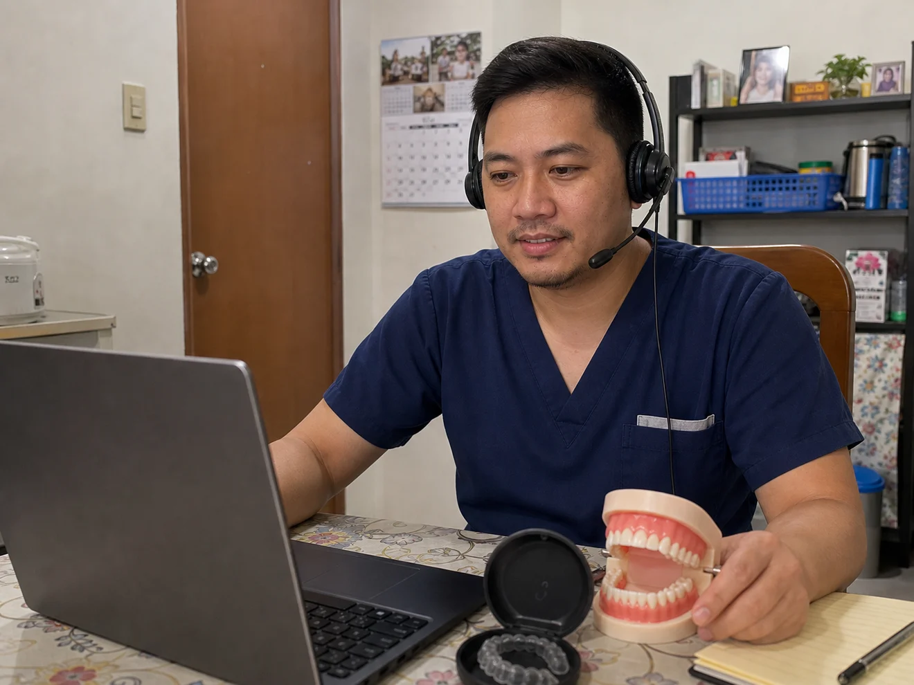Filipino licensed dentist virtual assistant working from a dining table workspace with a laptop, headset, and dental model.