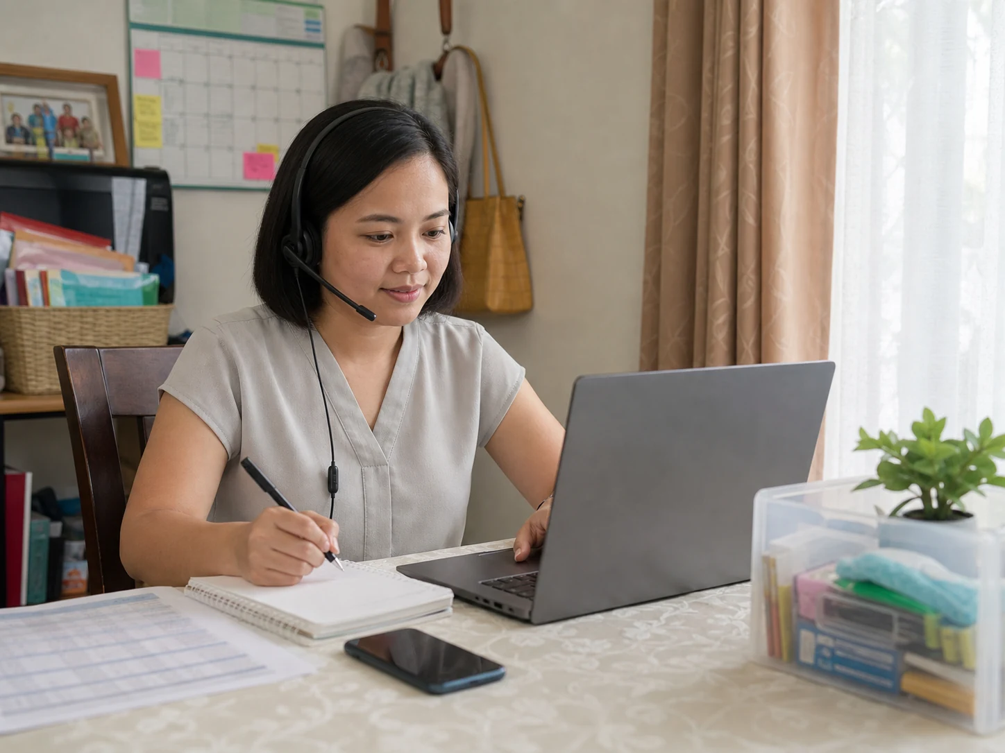 Filipino patient follow-up coordinator working from a modest home dining-table workspace with a laptop, headset, phone, and referral notes.