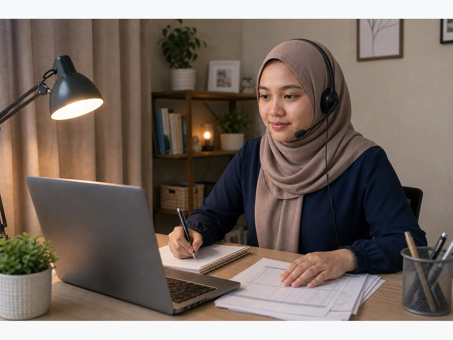 Filipina mental health intake virtual assistant in a taupe hijab working privately from a modest apartment desk with a laptop, headset, warm lamp, and intake forms.