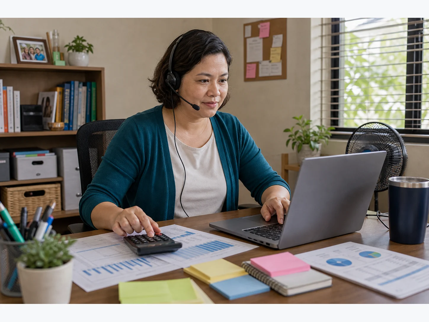Filipina healthcare resources planner in a teal cardigan reviewing ROI worksheets and a calculator from a home office.
