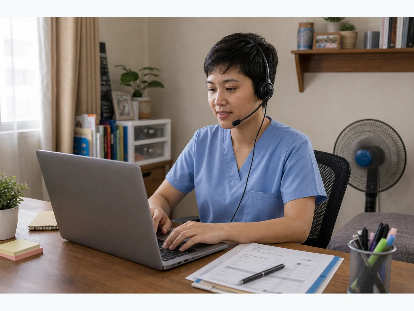 Filipina virtual medical scribe in light-blue scrubs working from a modest home desk with a laptop, headset, checklist, and fan.